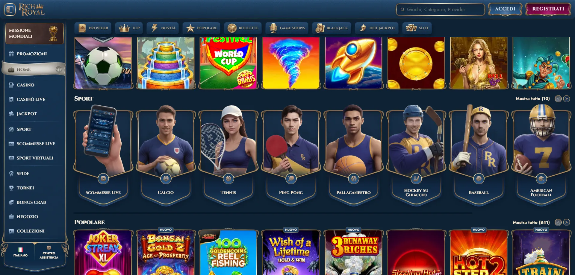 Scommesse sportive live RichRoyal Casino — calcio tennis e Formula 1