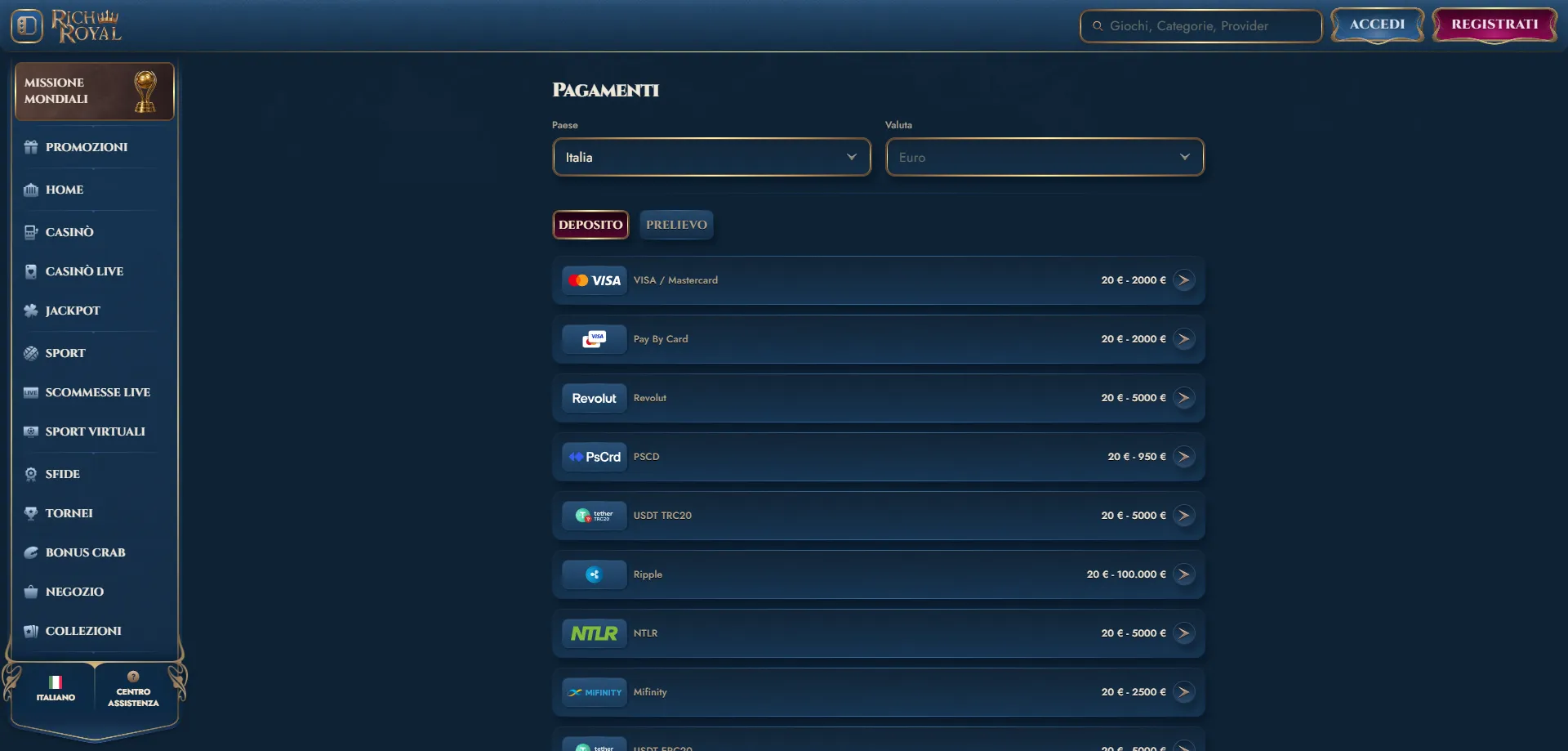 Metodi di pagamento RichRoyal Casino — deposito e prelievo rapido in Italia